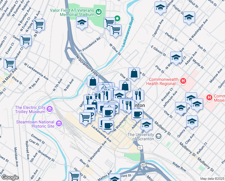 map of restaurants, bars, coffee shops, grocery stores, and more near 222 Mulberry Street in Scranton