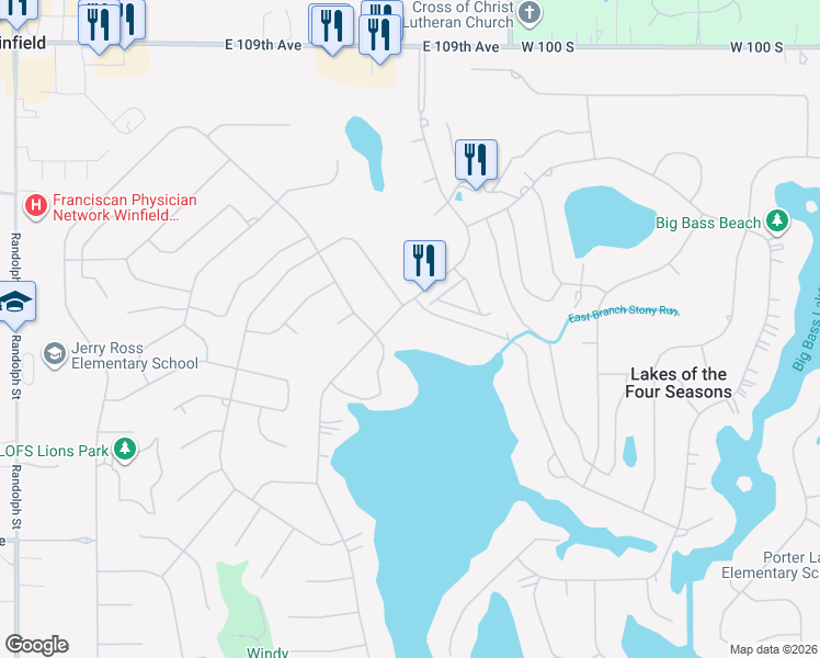 map of restaurants, bars, coffee shops, grocery stores, and more near 2553 East Lakeshore Drive in Crown Point