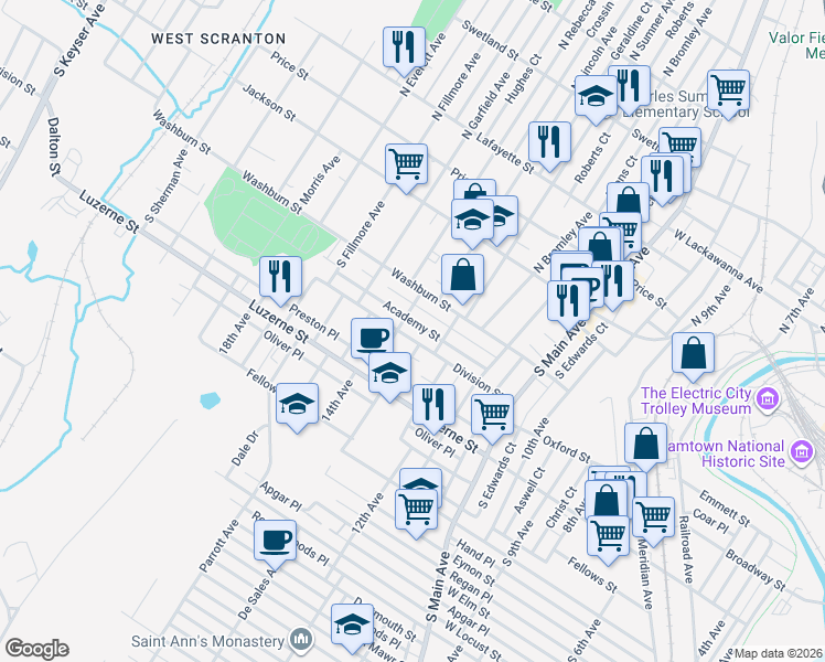 map of restaurants, bars, coffee shops, grocery stores, and more near 1309 Academy Street in Scranton