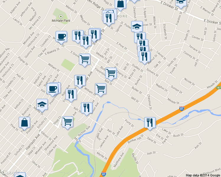 map of restaurants, bars, coffee shops, grocery stores, and more near 500 Mill St in Dunmore