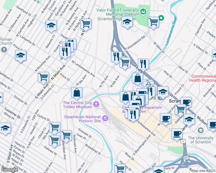 map of restaurants, bars, coffee shops, grocery stores, and more near 602 West Lackawanna Avenue in Scranton