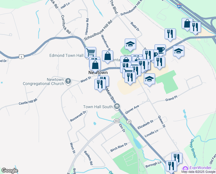 map of restaurants, bars, coffee shops, grocery stores, and more near 20 Main Street in Newtown