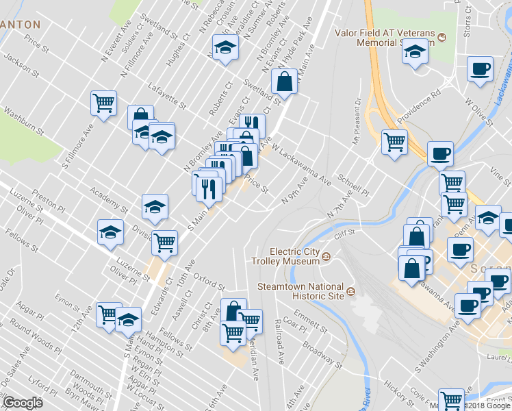 map of restaurants, bars, coffee shops, grocery stores, and more near 116 Saint Frances Cabrini Avenue in Scranton