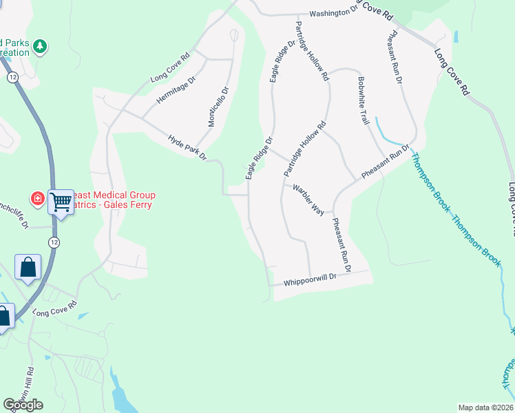 map of restaurants, bars, coffee shops, grocery stores, and more near 56 Partridge Hollow Road in Ledyard