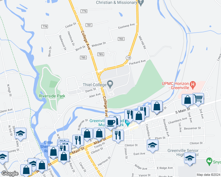 map of restaurants, bars, coffee shops, grocery stores, and more near 75 College Avenue in Greenville