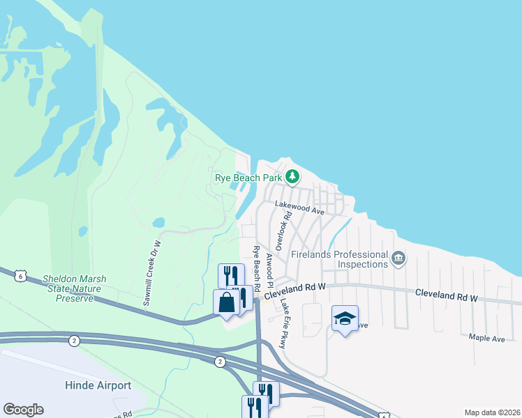 map of restaurants, bars, coffee shops, grocery stores, and more near 108 Rye Beach Road in Huron