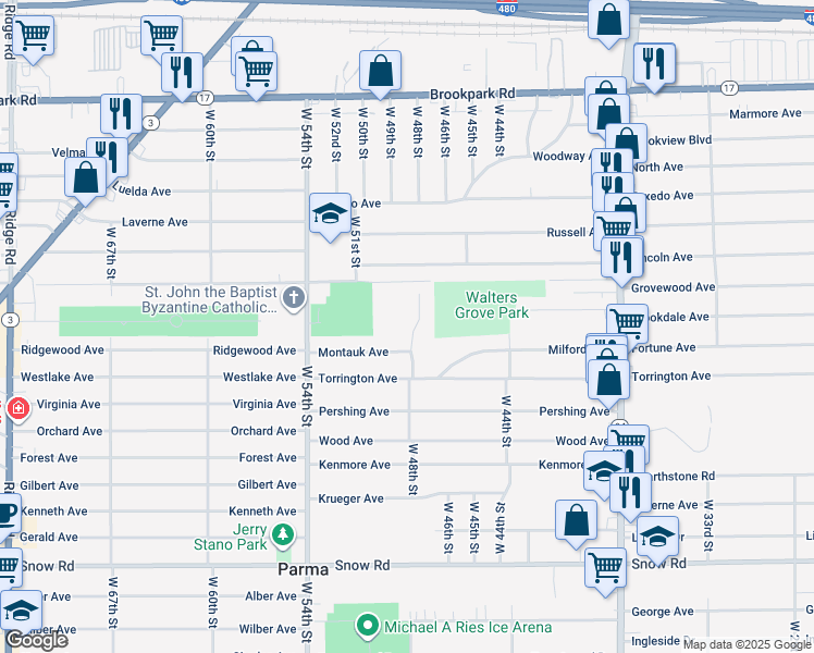map of restaurants, bars, coffee shops, grocery stores, and more near 5498 Goans Place in Cleveland