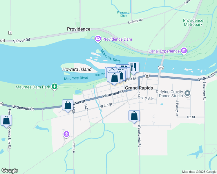 map of restaurants, bars, coffee shops, grocery stores, and more near 24231 Front Street in Grand Rapids
