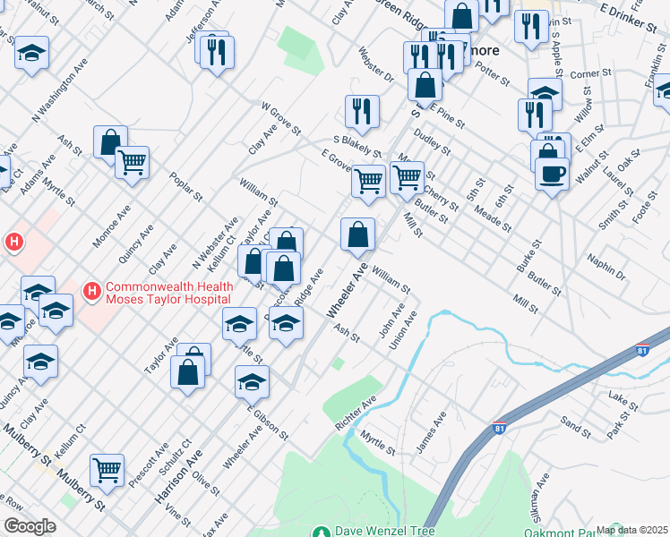 map of restaurants, bars, coffee shops, grocery stores, and more near 818 2nd St in Dunmore