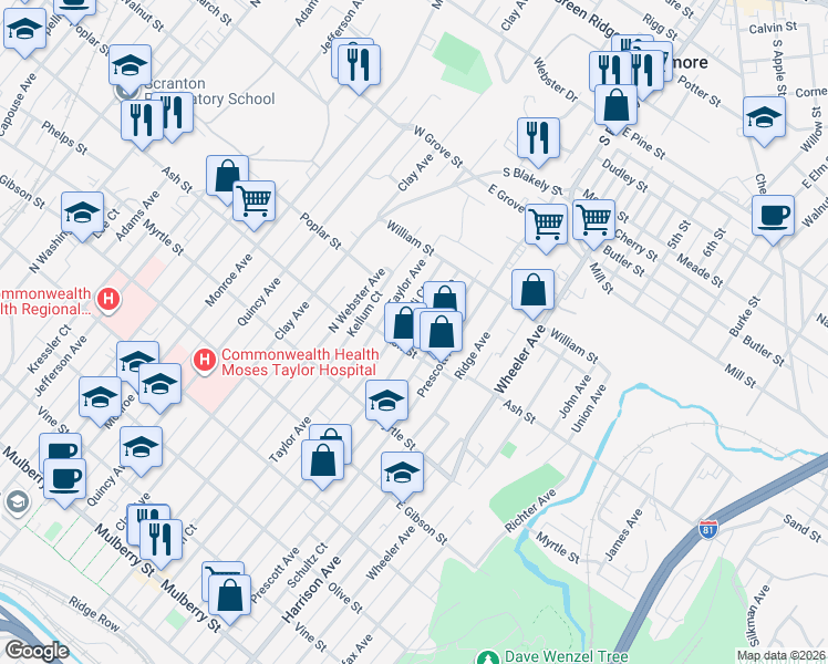 map of restaurants, bars, coffee shops, grocery stores, and more near 1026 North Irving Avenue in Scranton