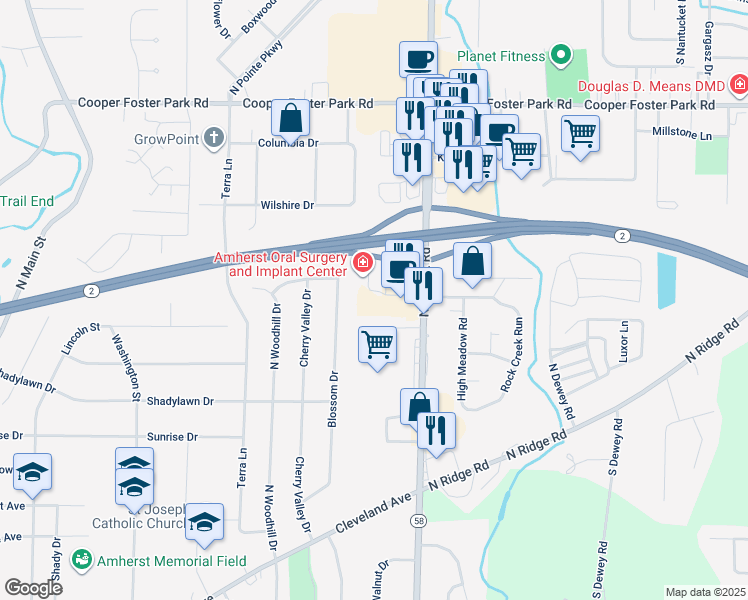 map of restaurants, bars, coffee shops, grocery stores, and more near 510 North Leavitt Road in Amherst