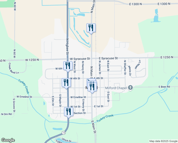 map of restaurants, bars, coffee shops, grocery stores, and more near 209 N Main St in Milford