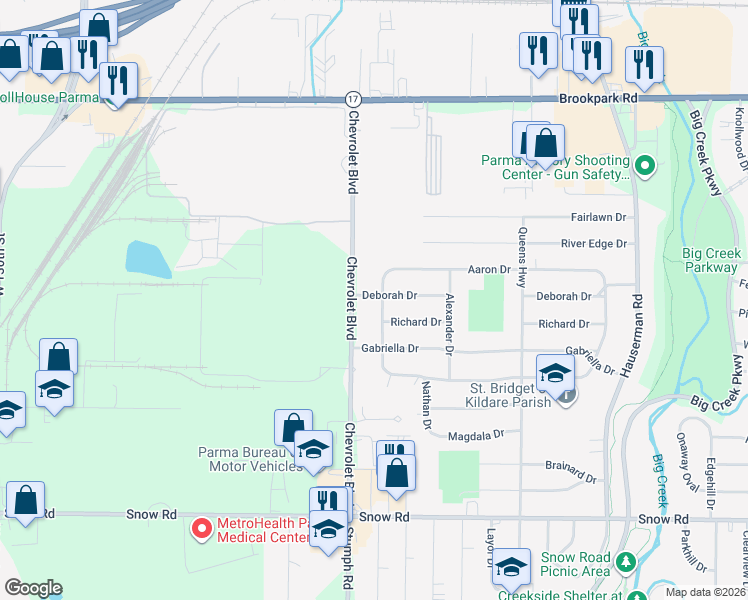 map of restaurants, bars, coffee shops, grocery stores, and more near 5490 Abraham Ave in Parma