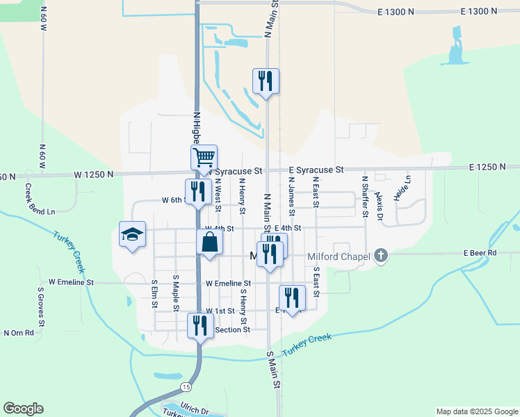 map of restaurants, bars, coffee shops, grocery stores, and more near 209 N Main St in Milford