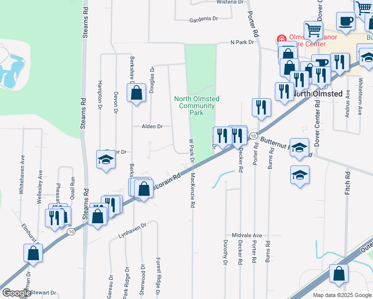 map of restaurants, bars, coffee shops, grocery stores, and more near 5346 West Park Drive in North Olmsted