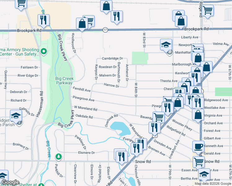 map of restaurants, bars, coffee shops, grocery stores, and more near 9004 Fernhill Avenue in Parma