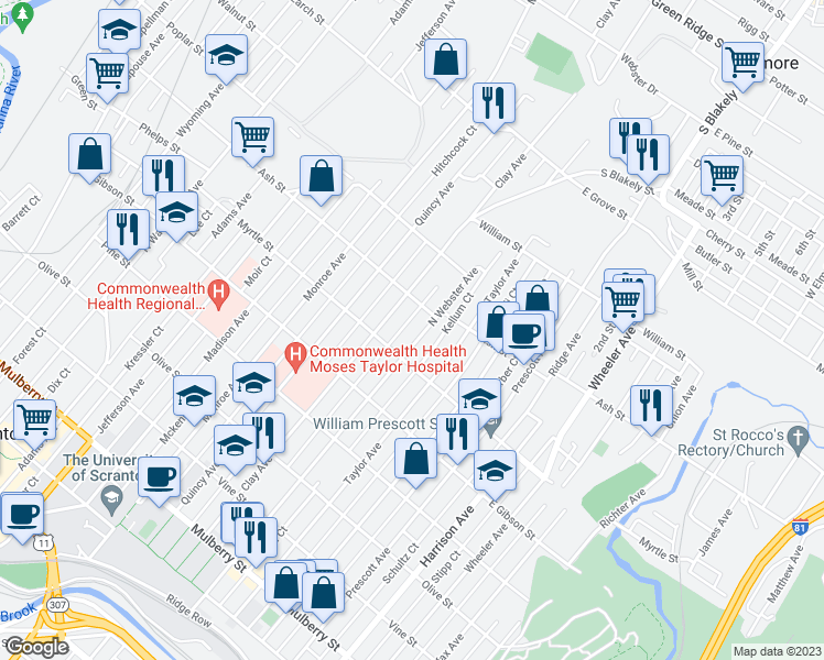 map of restaurants, bars, coffee shops, grocery stores, and more near 923 North Webster Avenue in Scranton