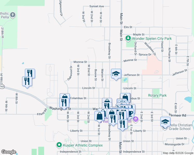 map of restaurants, bars, coffee shops, grocery stores, and more near 1118 Boone Street in Pella