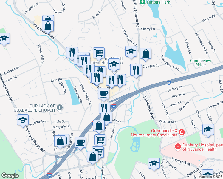 map of restaurants, bars, coffee shops, grocery stores, and more near 10 Hayestown Avenue in Danbury