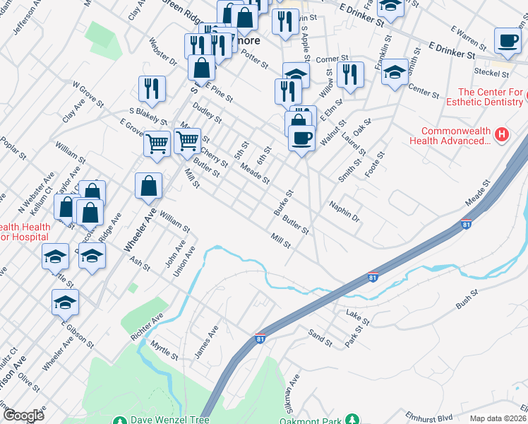 map of restaurants, bars, coffee shops, grocery stores, and more near 610-698 West Elm Street in Dunmore