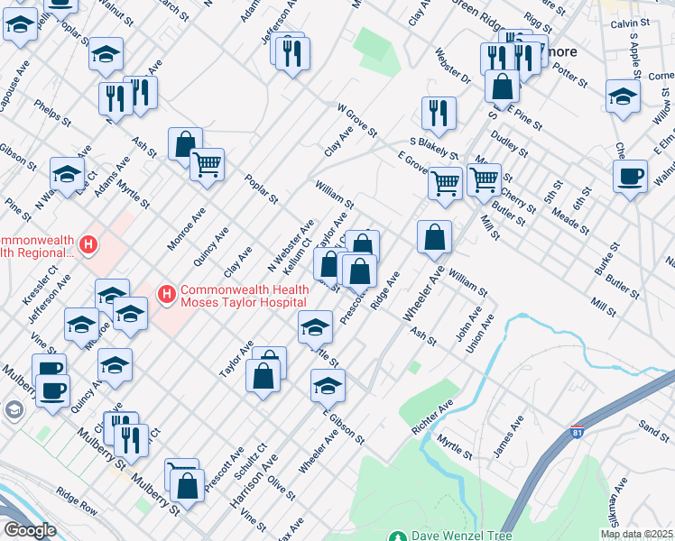 map of restaurants, bars, coffee shops, grocery stores, and more near 1026 North Irving Avenue in Scranton