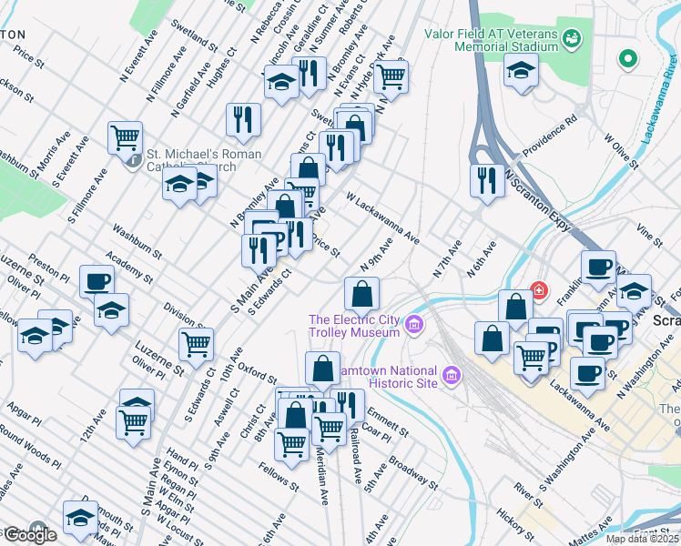 map of restaurants, bars, coffee shops, grocery stores, and more near 901 Price Street in Scranton