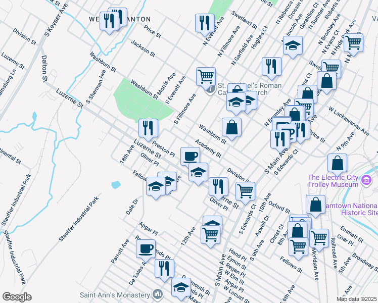 map of restaurants, bars, coffee shops, grocery stores, and more near 1417 Division Street in Scranton