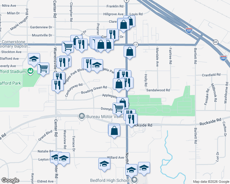 map of restaurants, bars, coffee shops, grocery stores, and more near 20754 Bowling Green Road in Maple Heights