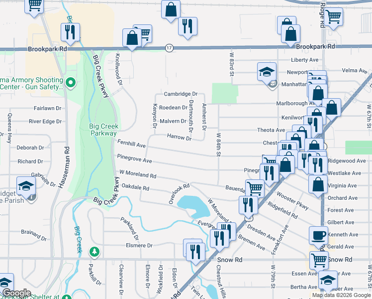 map of restaurants, bars, coffee shops, grocery stores, and more near 9004 Fernhill Avenue in Parma