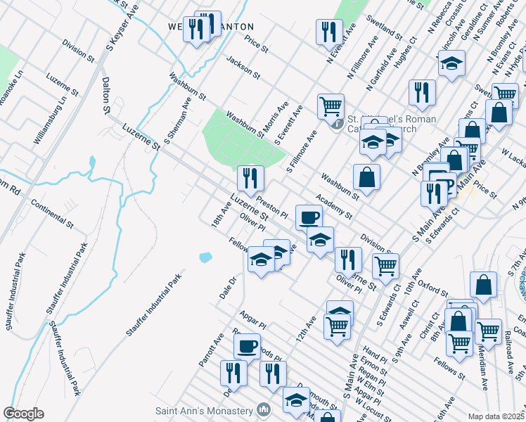 map of restaurants, bars, coffee shops, grocery stores, and more near 1614 Luzerne Street in Scranton