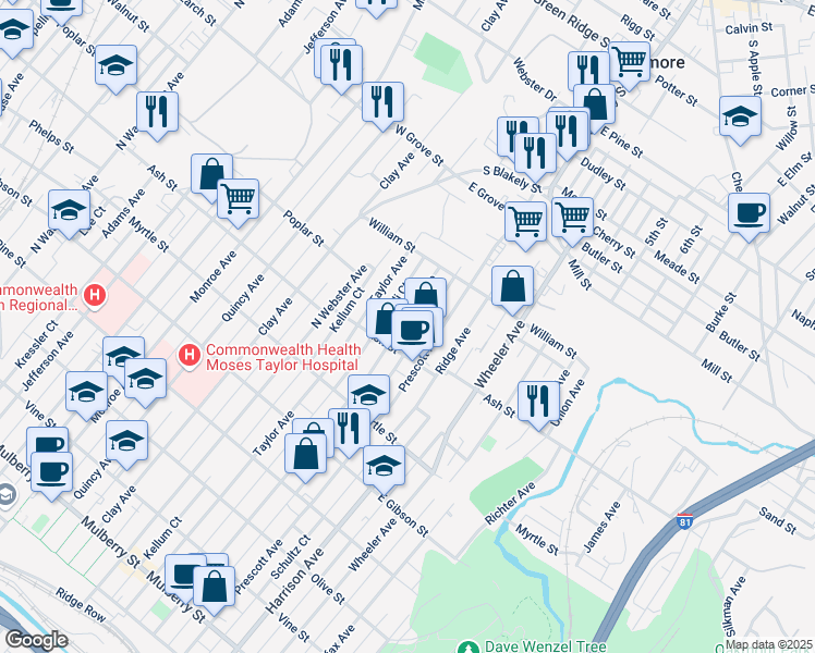 map of restaurants, bars, coffee shops, grocery stores, and more near 1026 North Irving Avenue in Scranton