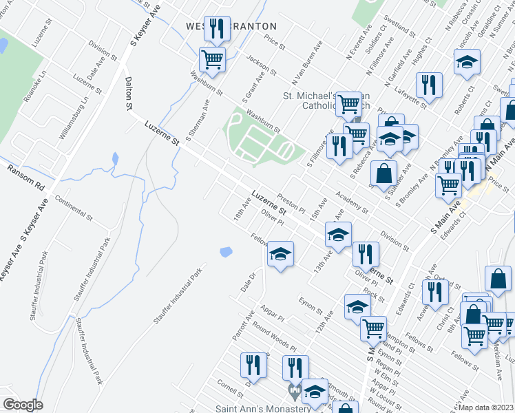 map of restaurants, bars, coffee shops, grocery stores, and more near 408 17th Avenue in Scranton