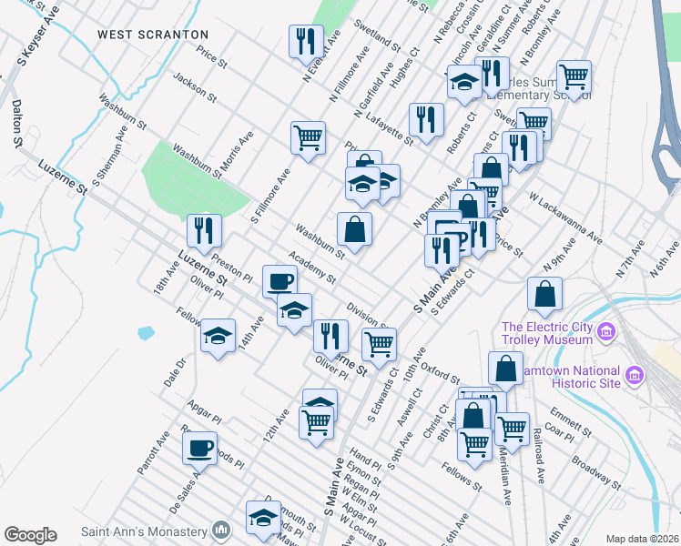map of restaurants, bars, coffee shops, grocery stores, and more near 209 South Sumner Avenue in Scranton