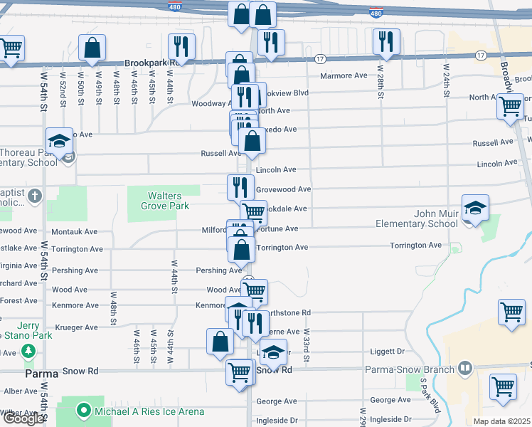 map of restaurants, bars, coffee shops, grocery stores, and more near 3435 Brookdale Avenue in Parma