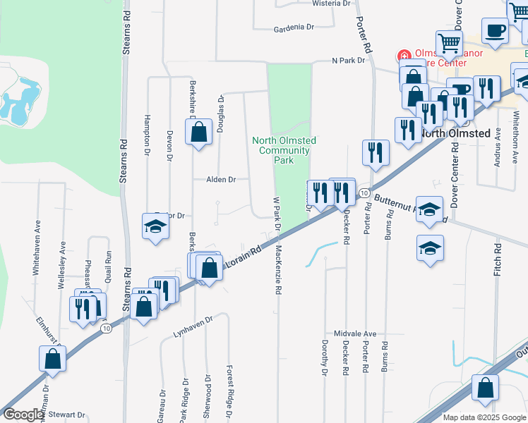 map of restaurants, bars, coffee shops, grocery stores, and more near 5346 West Park Drive in North Olmsted