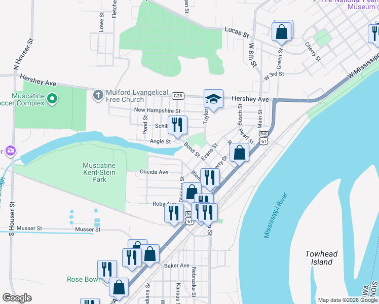 map of restaurants, bars, coffee shops, grocery stores, and more near 418 Bond Street in Muscatine