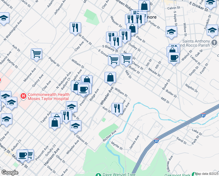 map of restaurants, bars, coffee shops, grocery stores, and more near in Dunmore
