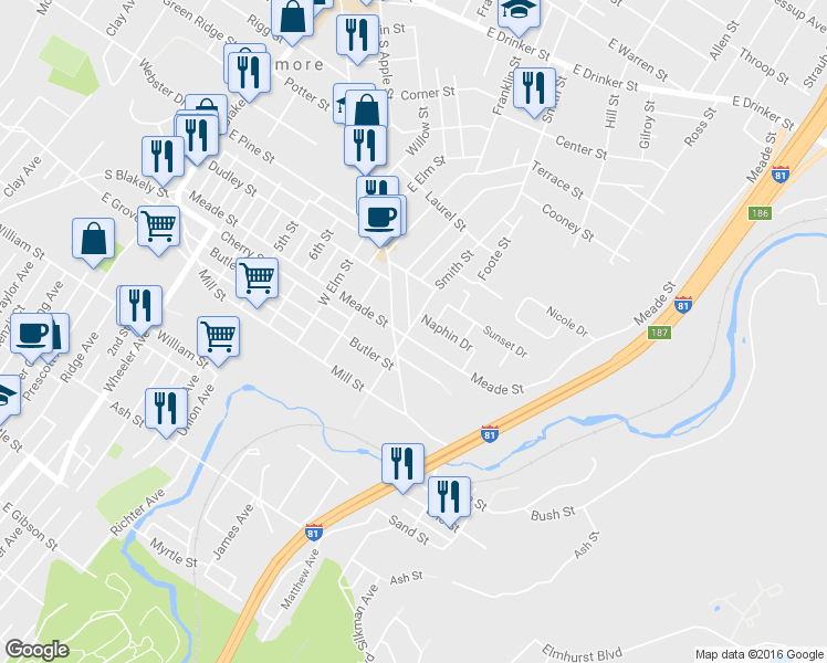map of restaurants, bars, coffee shops, grocery stores, and more near 901 Meade Street in Scranton