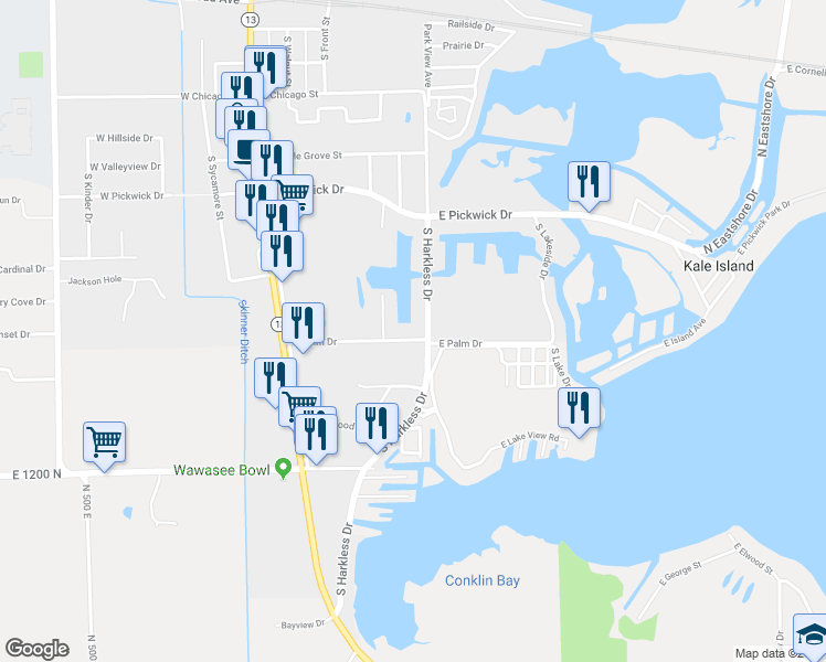 map of restaurants, bars, coffee shops, grocery stores, and more near 406 East Palm Drive in Syracuse