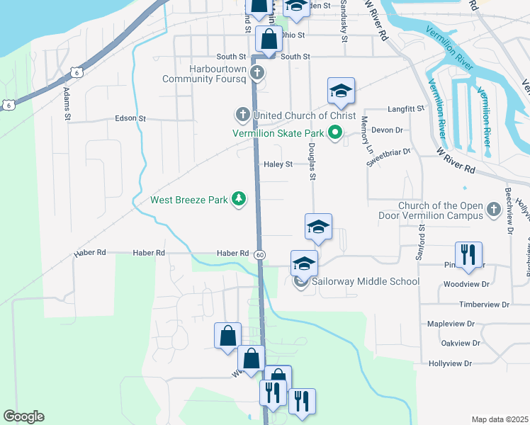 map of restaurants, bars, coffee shops, grocery stores, and more near 1215 State Street in Vermilion