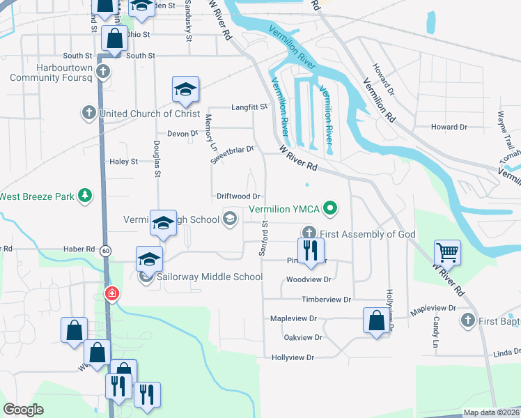 map of restaurants, bars, coffee shops, grocery stores, and more near 1200 Sanford Street in Vermilion