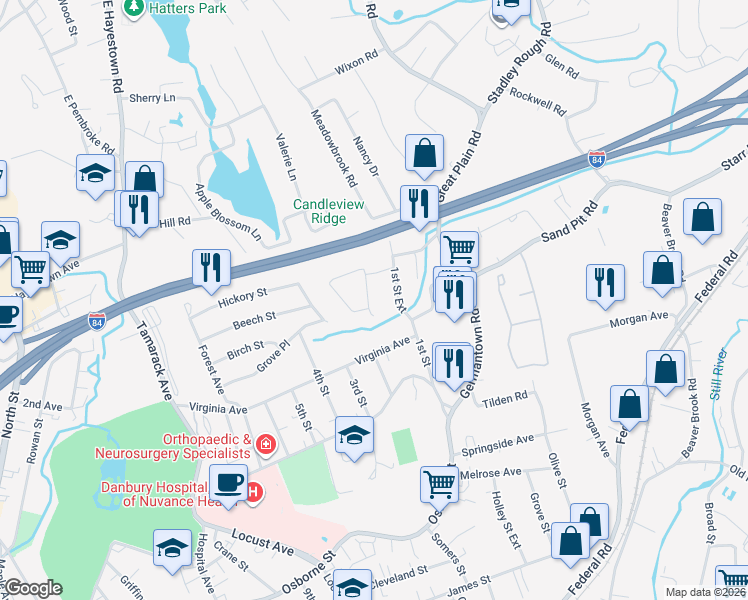 map of restaurants, bars, coffee shops, grocery stores, and more near 18 Oak Ridge Gate in Danbury