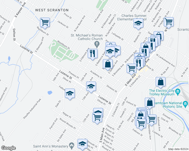 map of restaurants, bars, coffee shops, grocery stores, and more near 1318 Division Street in Scranton