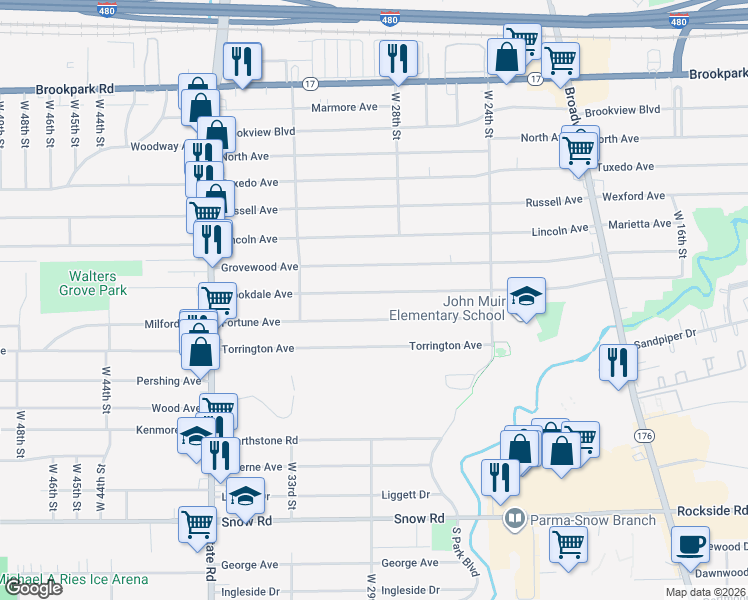 map of restaurants, bars, coffee shops, grocery stores, and more near 2831 Brookdale Avenue in Parma