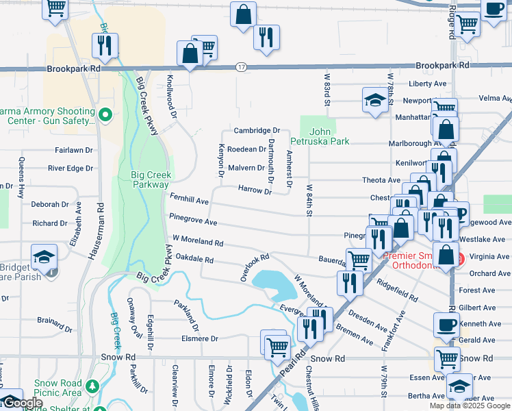 map of restaurants, bars, coffee shops, grocery stores, and more near 9004 Fernhill Avenue in Parma