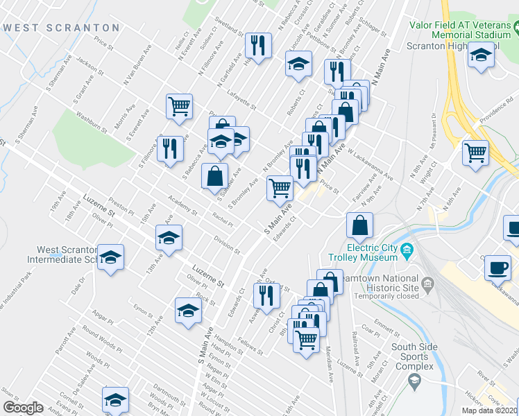 map of restaurants, bars, coffee shops, grocery stores, and more near 141 South Hyde Park Avenue in Scranton