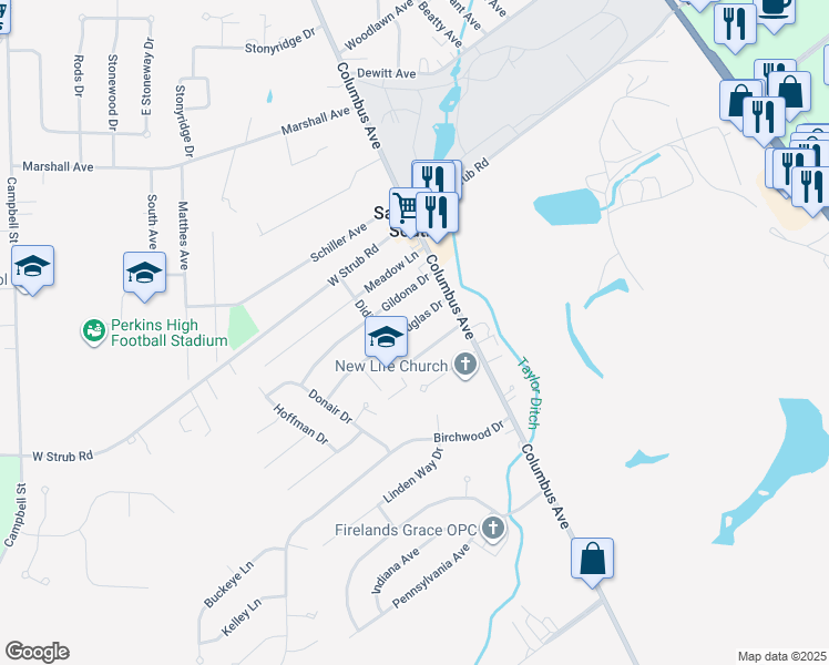 map of restaurants, bars, coffee shops, grocery stores, and more near 204 Douglas Drive in Sandusky
