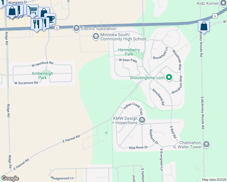 map of restaurants, bars, coffee shops, grocery stores, and more near 26557 West Old Stage Lane in Channahon
