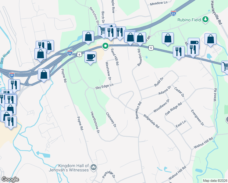 map of restaurants, bars, coffee shops, grocery stores, and more near 53 Ridgedale Road in Bethel