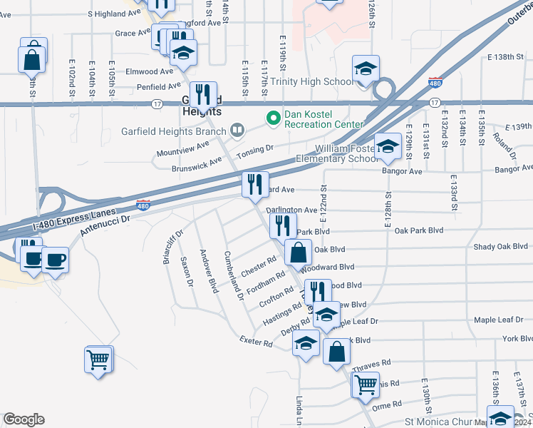 map of restaurants, bars, coffee shops, grocery stores, and more near 5531 Turney Road in Garfield Heights